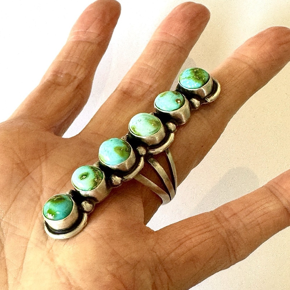 Navajo Long Turquoise Ring Sz 8 Six Stone Signed Randy Billy Sterling Native - Picture 4 of 9